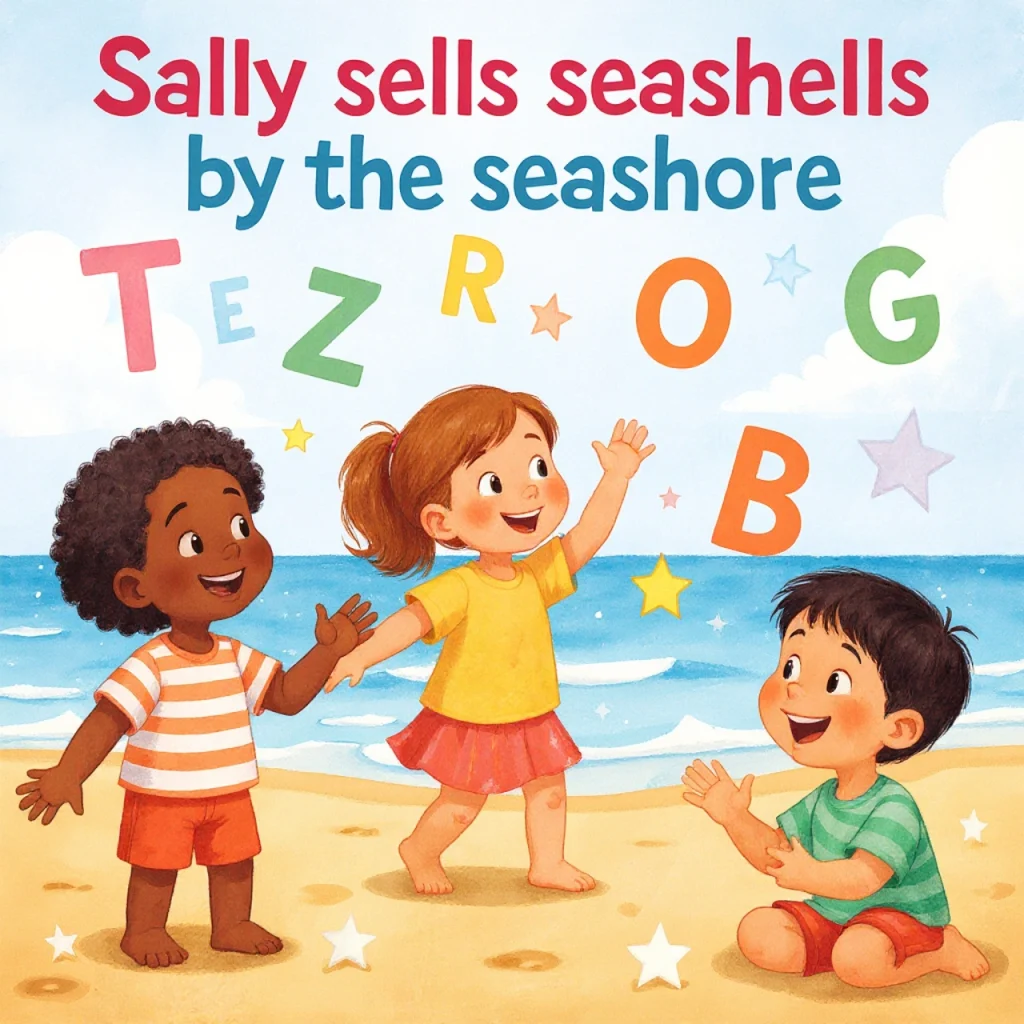 Whimsical illustration showing alliteration examples for kids, like 'Sally sells seashells by the seashore,' with cheerful children and letters.