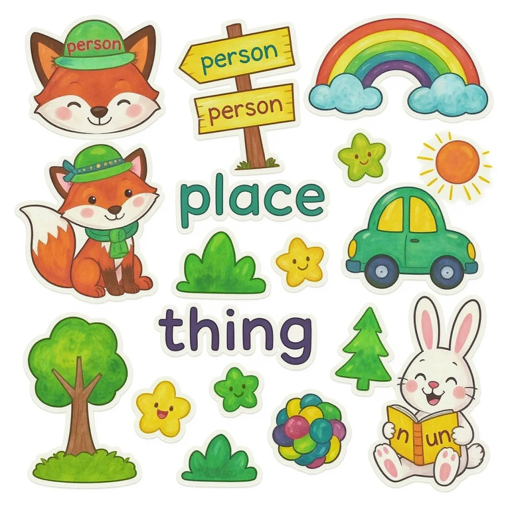 Bright illustration showing noun examples for kids including person, place, and thing with cheerful characters, animals, and objects.