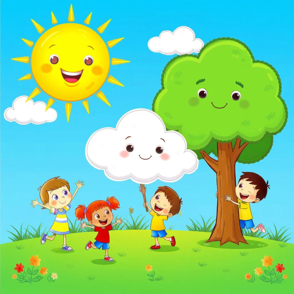 Kid-friendly illustration of personification examples, like 'The sun smiled' and 'The wind whispered,' with animated sun, clouds, and trees.