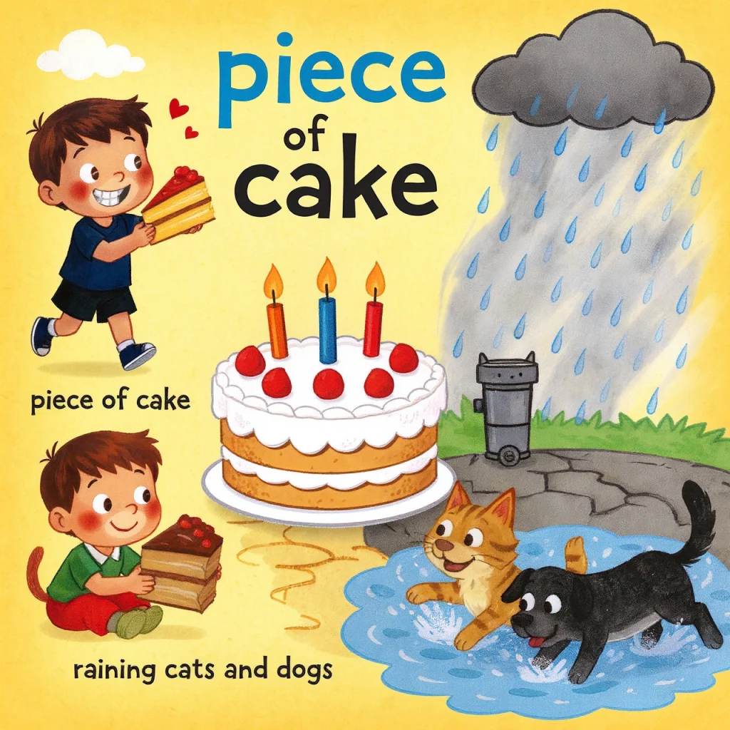 Fun cartoon showing idioms for kids like 'Piece of cake' and 'Raining cats and dogs' with visual metaphors and cheerful children.
