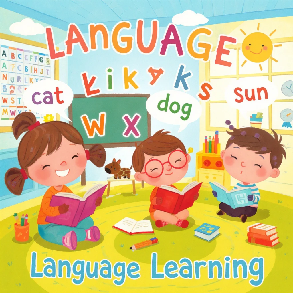 Children learning language with colorful letters, books, and speech bubbles, playful cartoon illustration for kids’ education.