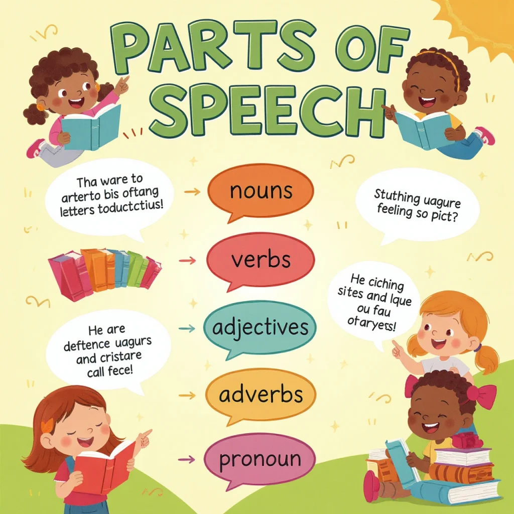 Colorful educational poster showing parts of speech: nouns, verbs, adjectives, and adverbs with playful children, letters, and books."